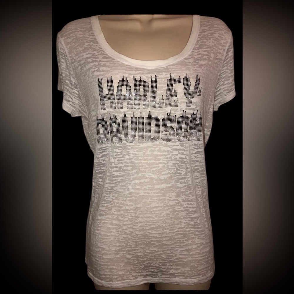 Harley-Davidson White‎ sheer burnwash studded bling logo shirt sz Large
